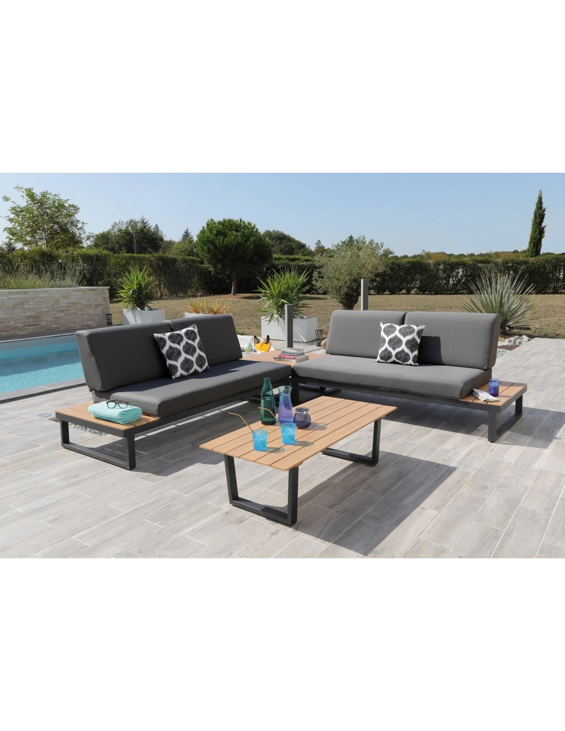 Salon D'angle Staten Avec Tablettes - Graphite / Oak 3 Salon D'angle Staten Avec Tablettes - Graphite / Oak