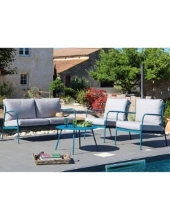 Salon De Jardin Noa 4 Places En Acier - Bleu/Beige Clair -Produits De Jardin salon de jardin noa 4 places en acier bleubeige clair 3