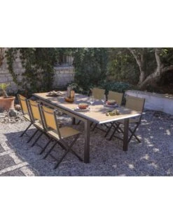 Table Louisiane II Extensible - Aluminium Graphite Plateau OAK - L.147/187 X L.80 X H.76 Cm -Produits De Jardin table louisiane ii extensible aluminium graphite plateau oak 5
